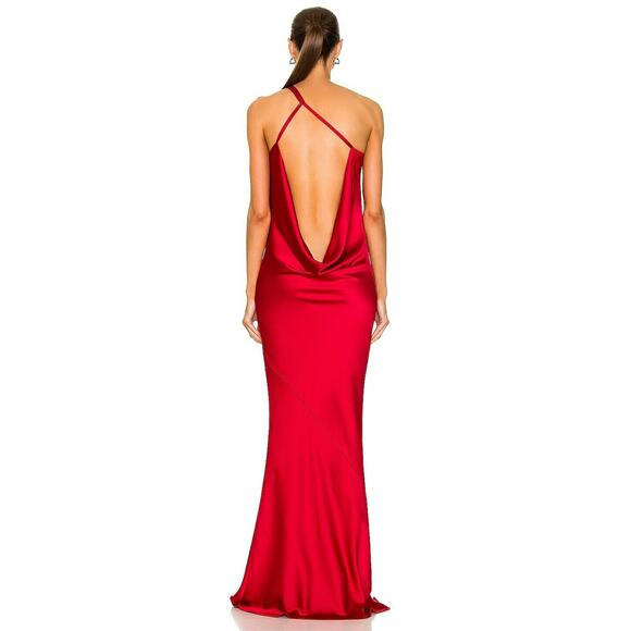 Norma Kamali One Shoulder Bias Maxi Gown Draped Back Satin Tiger Red Sz XS/34 - Picture 3 of 16